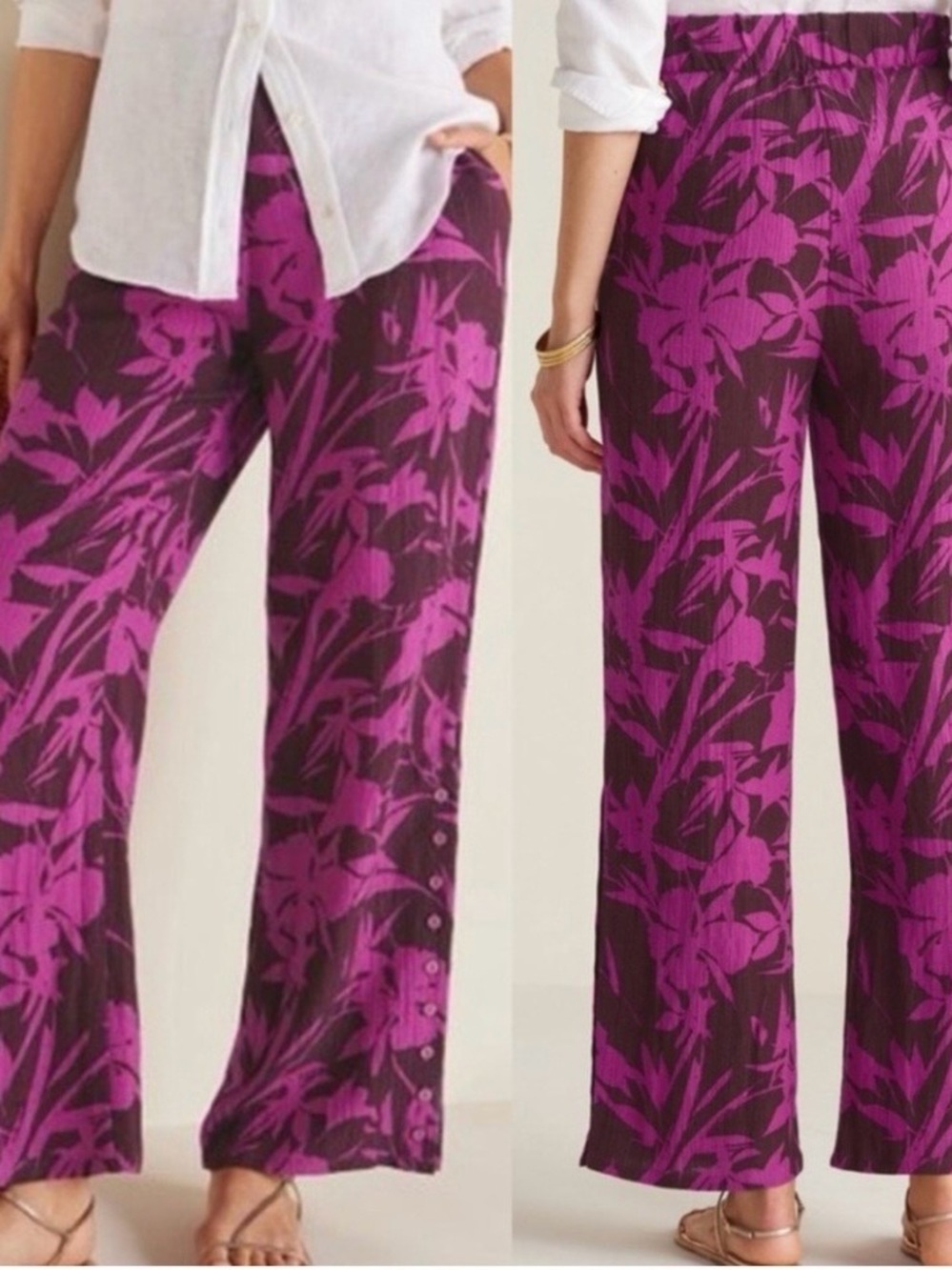 Soft Surroundings Oceo Gauze Purple Fuchsia Floral Wide-Leg Pull-On Pants Medium